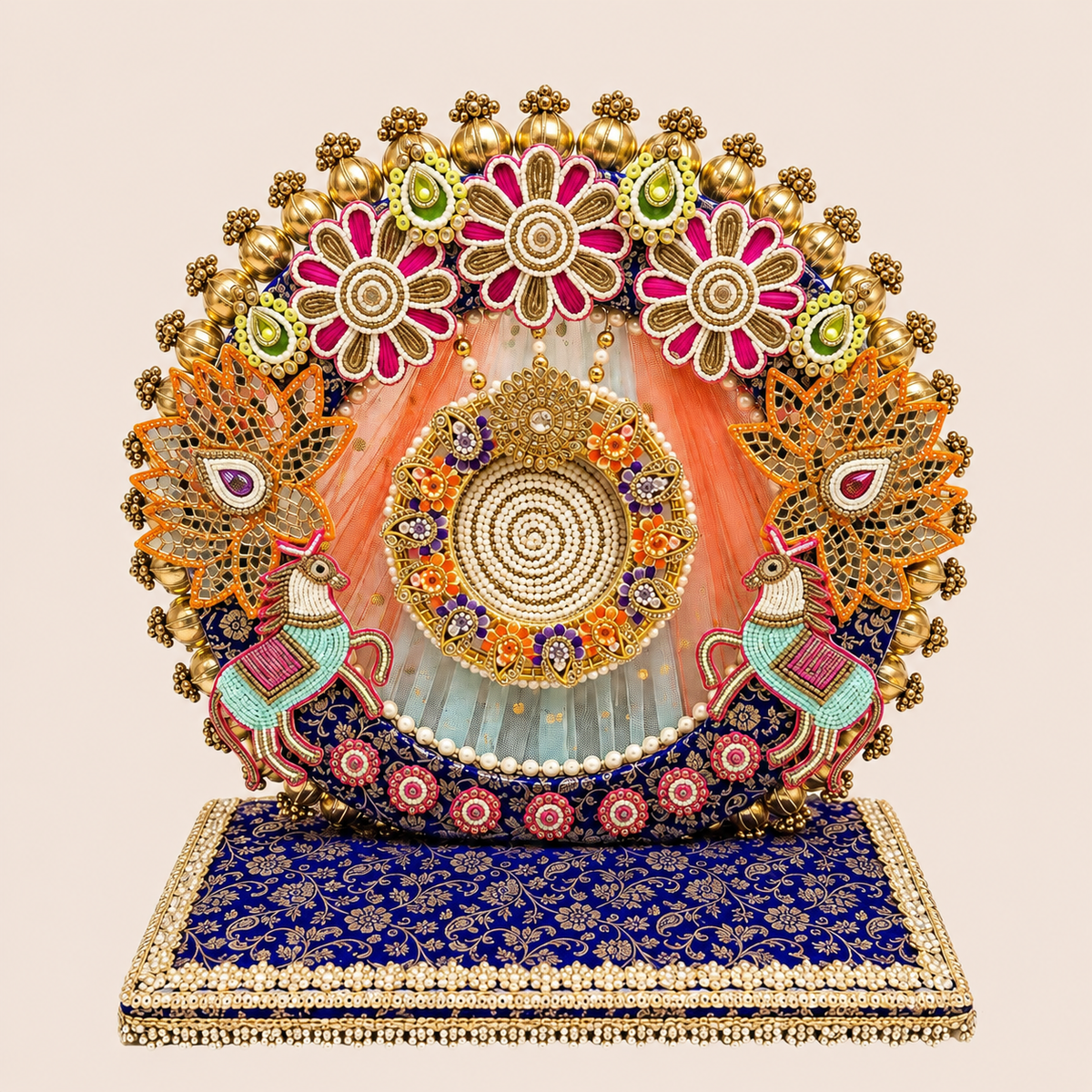 Navy blue beaded horse singhasan idol throne