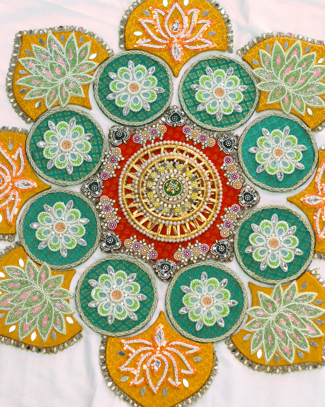 Teal Green/Yellow/Red Floral Rangoli