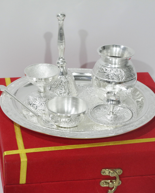 7 Piece Silver Thali Set - Floral