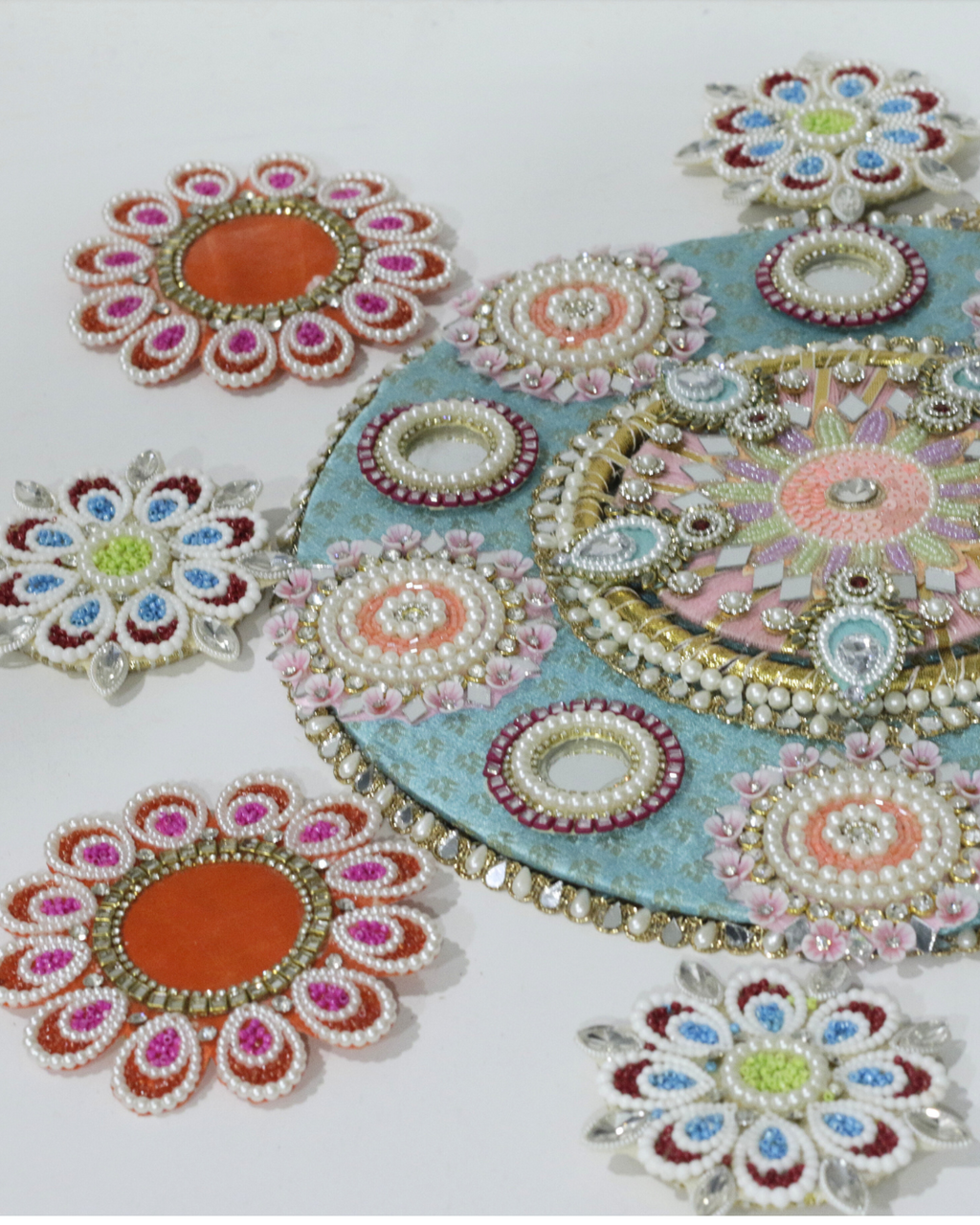 Pastel Blue/Orange Floral 9 Piece Rangoli Set