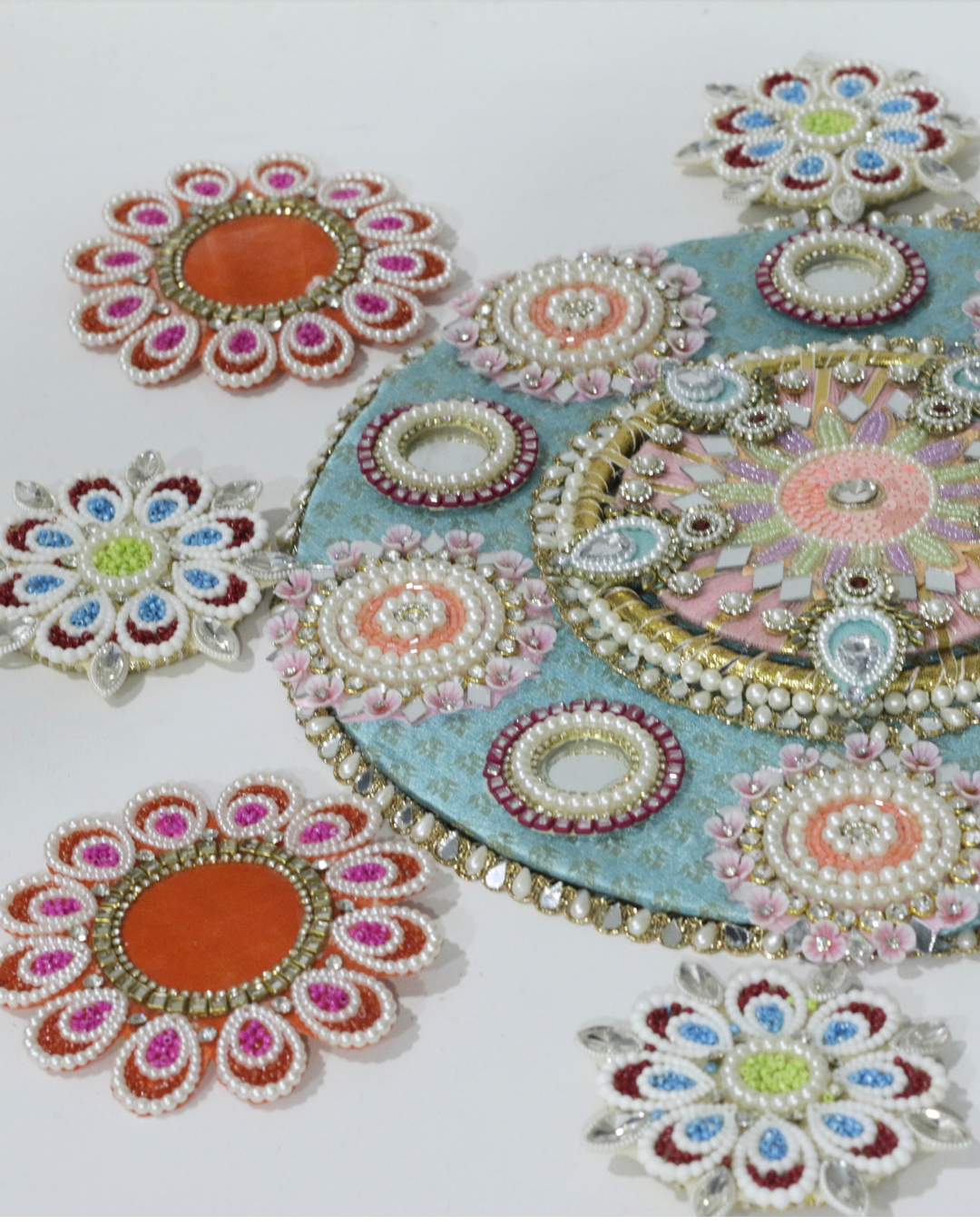 Pastel Blue/Orange Floral 9 Piece Rangoli Set