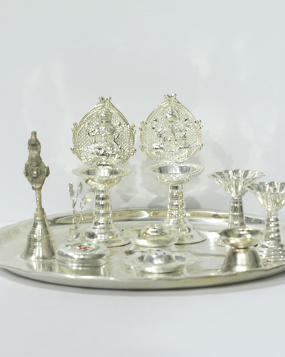 10 Piece Laxmiji & Ganeshji Silver Thali Set