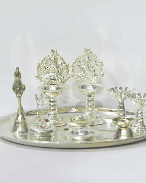 10 Piece Laxmiji & Ganeshji Silver Thali Set