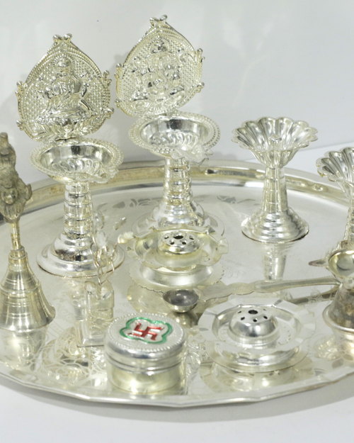10 Piece Laxmiji & Ganeshji Silver Thali Set