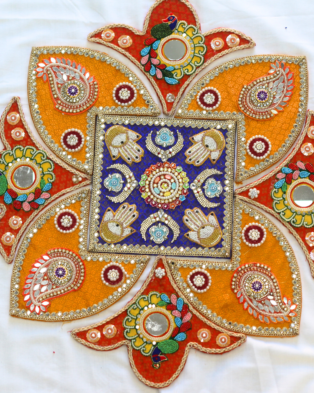 9 Piece Blue/Yellow/Red Hamsa and Peacock Rangoli Set