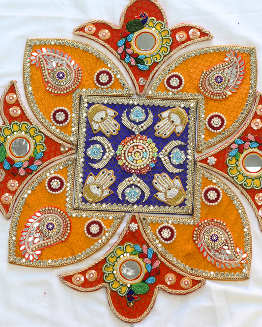 9 Piece Blue/Yellow/Red Hamsa and Peacock Rangoli Set
