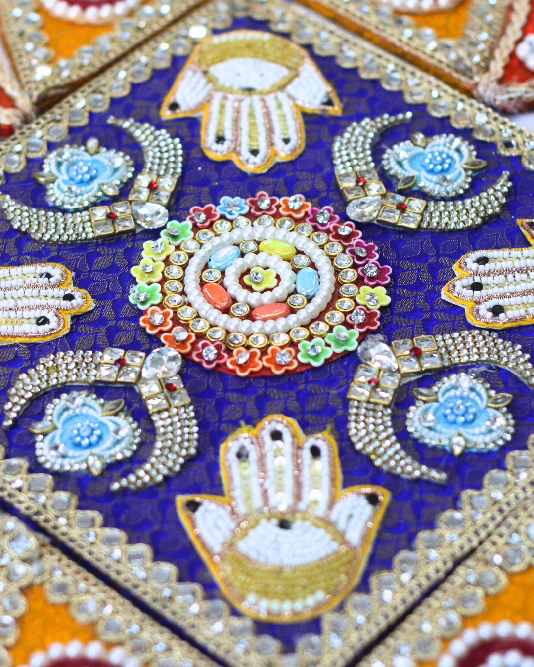 9 Piece Blue/Yellow/Red Hamsa and Peacock Rangoli Set