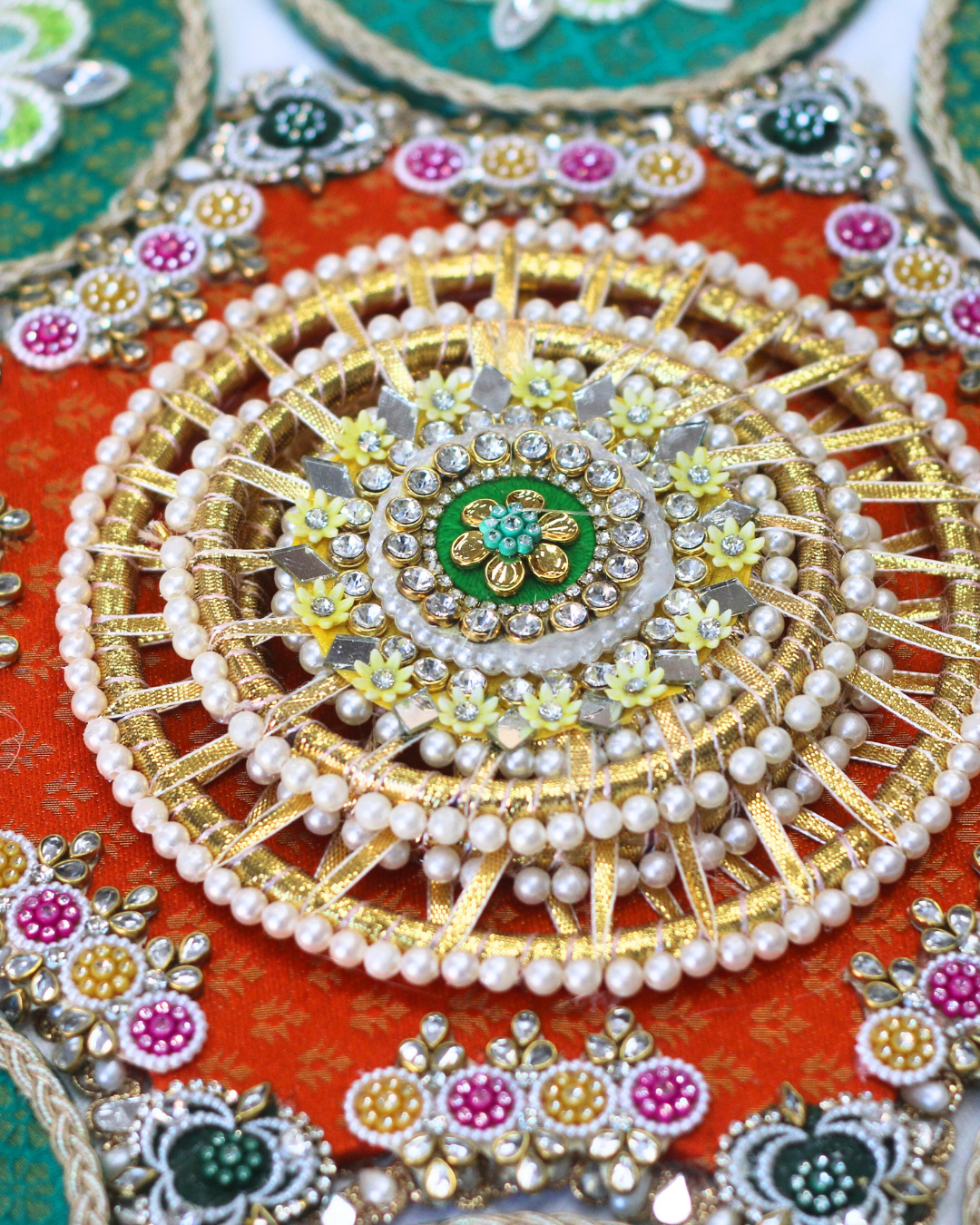Teal Green/Yellow/Red Floral Rangoli
