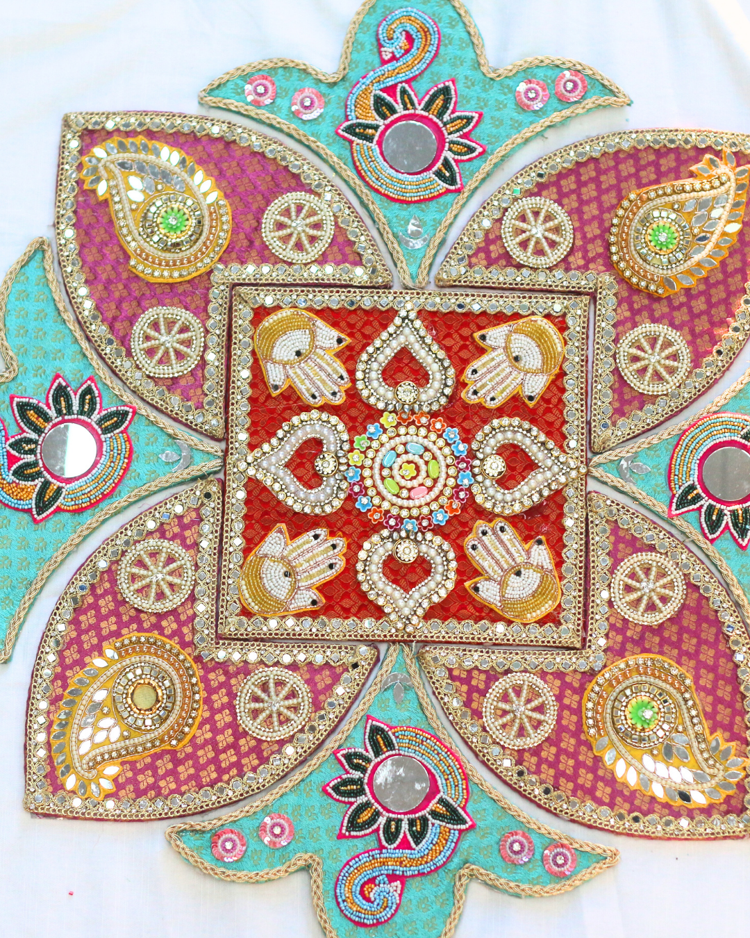 9 Piece Teal/Pink Hamsa and Peacock Rangoli Set