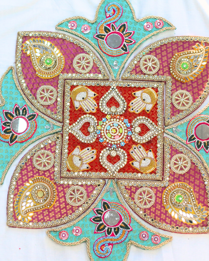 9 Piece Teal/Pink Hamsa and Peacock Rangoli Set