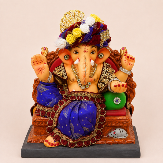 12 Inch Royal Blue Floral Turban Ganesha Idol
