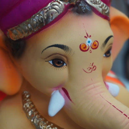 Close-up of a Ganesha figurine or statue, showing the elephant head, pink turban, silver ornaments, and painted facial details against a softly blurred background.